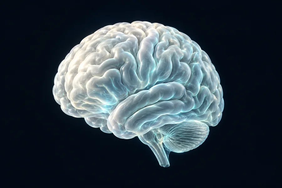 Conceptual brain illustration with pearl-white folds and teal light
