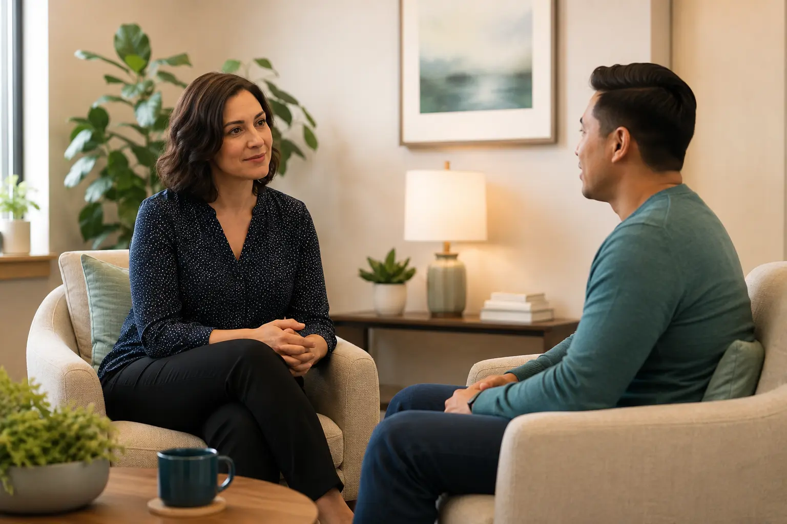 A clinician listening to an adult during a counseling conversation