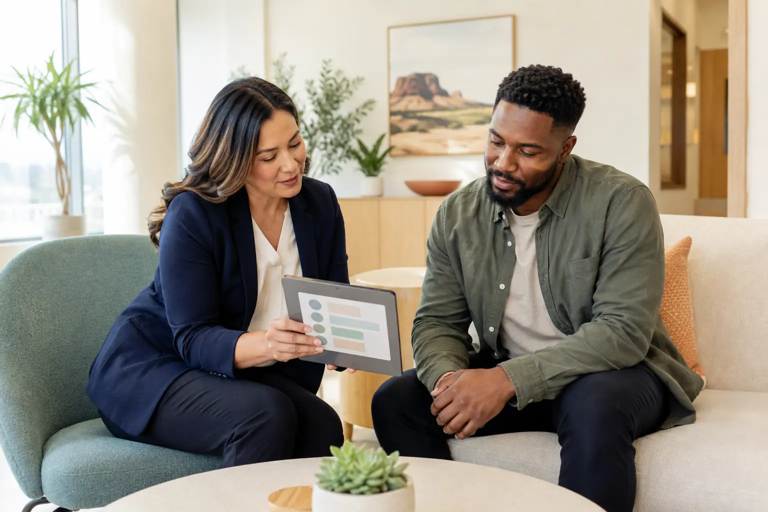 A care coordinator and adult reviewing next steps together