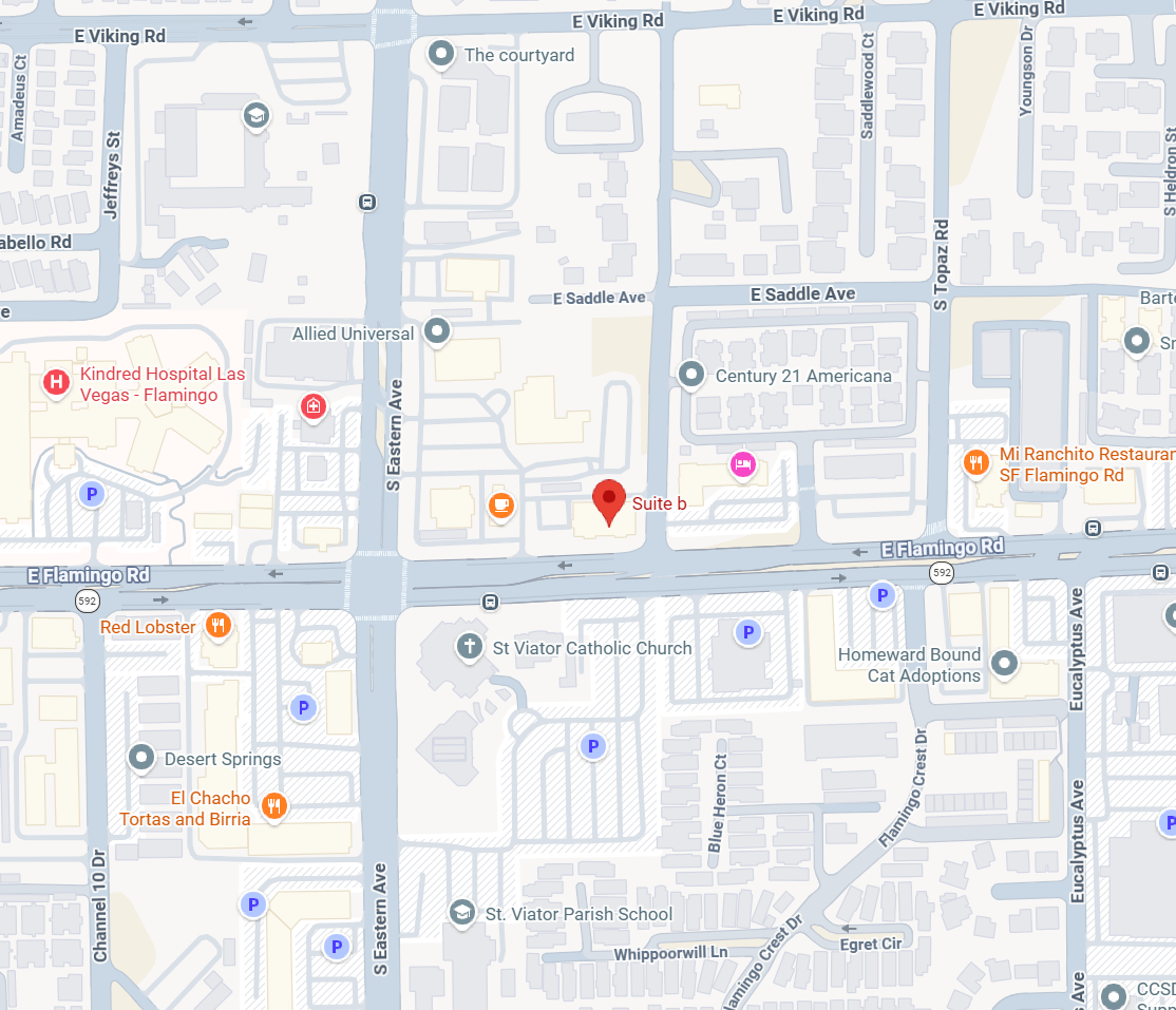 Street map showing the iCare heart marker at Suite B on East Flamingo Road, just east of South Eastern Avenue in Las Vegas
