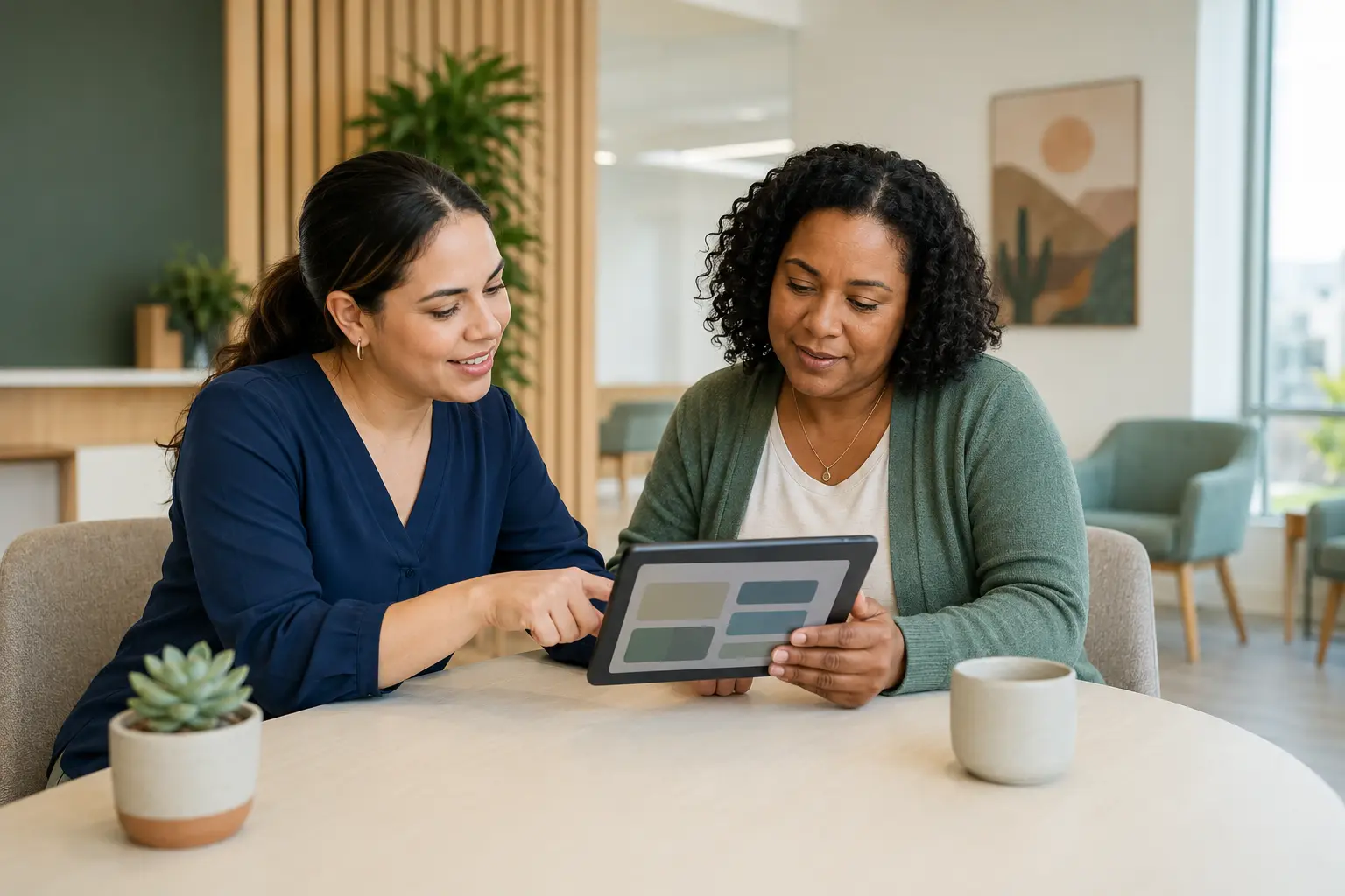 Two adults reviewing information together in a calm consultation room
