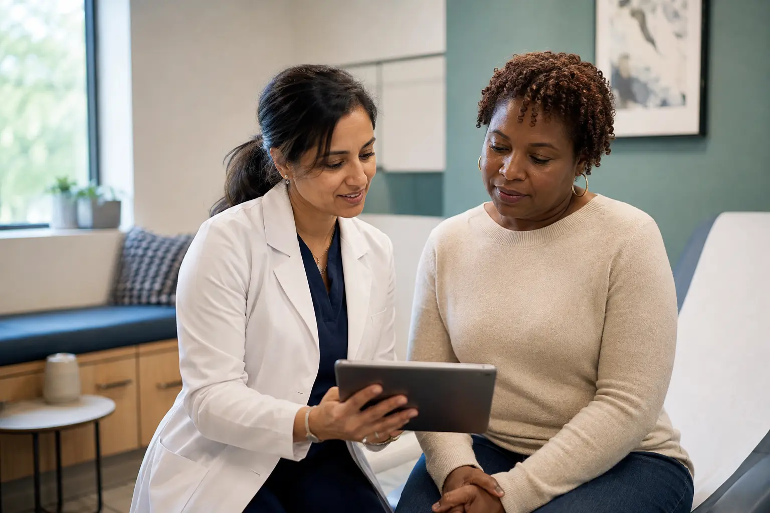 A primary-care clinician and adult patient reviewing care together