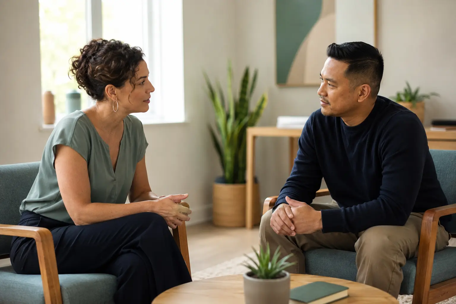 Adults having a supportive outpatient recovery conversation