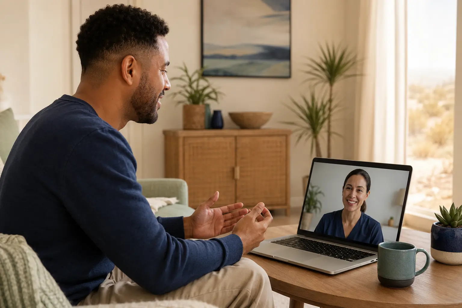An adult speaking with a clinician by video from home